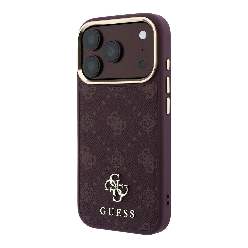 Bordeauxkleurig Guess telefoonhoesje met 4G-patroon en klein logo, vanaf de andere zijkant