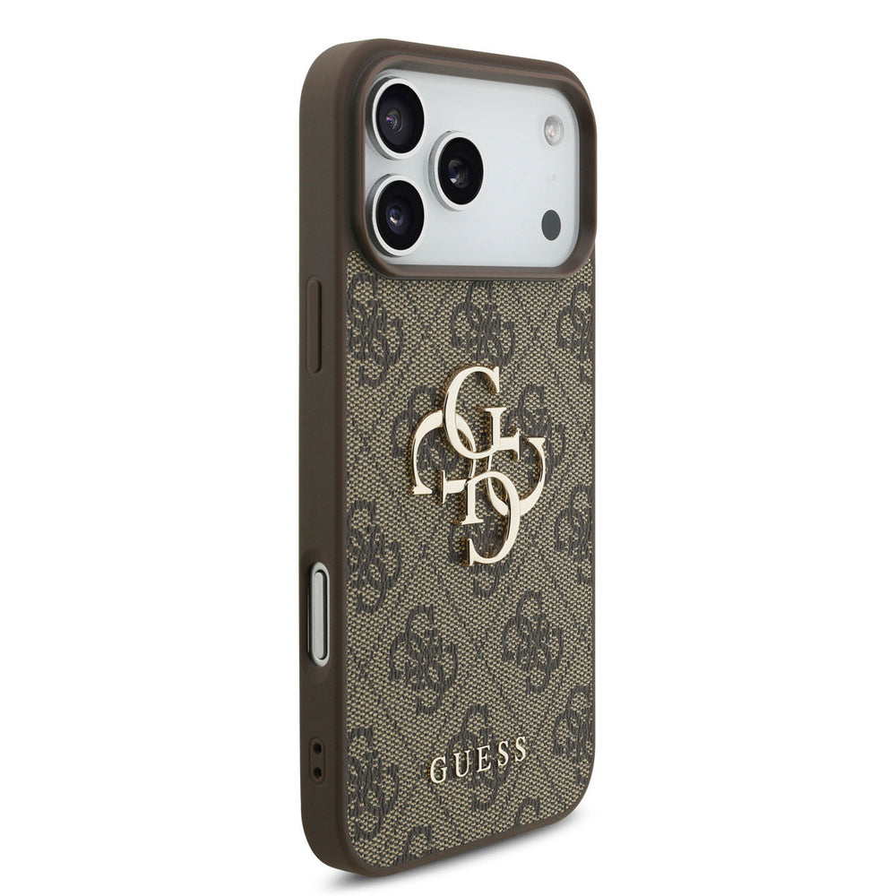 Bruin Guess telefoonhoesje met 4G-patroon en groot goudkleurig logo, vanaf de andere zijkant