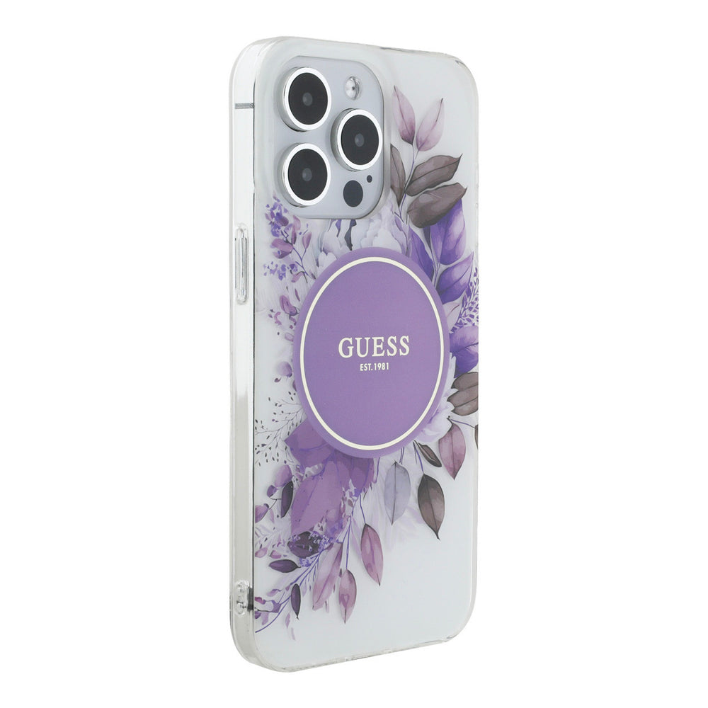 Guess telefoonhoesje met paarse bloemen en rond logo, vanaf de andere zijkant