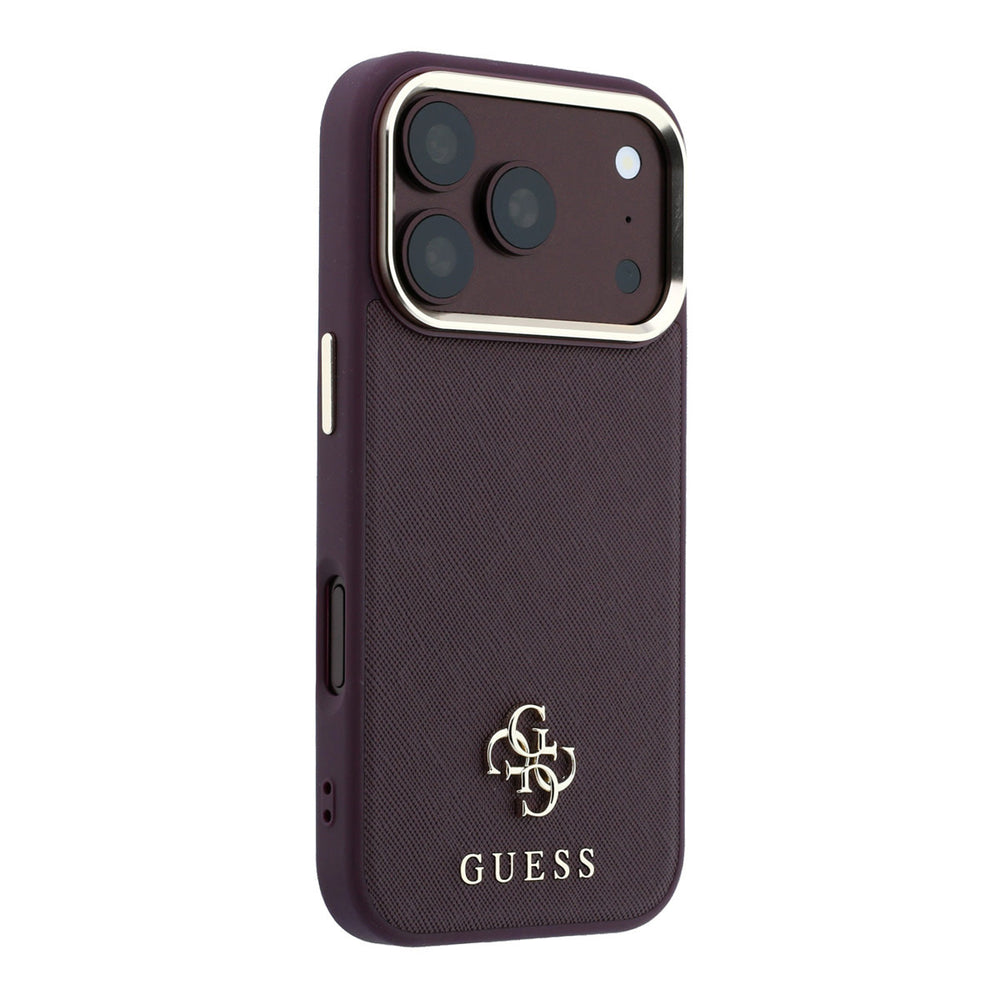 Bordeauxkleurig Guess telefoonhoesje met klein 4G-logo, schuin van achteren