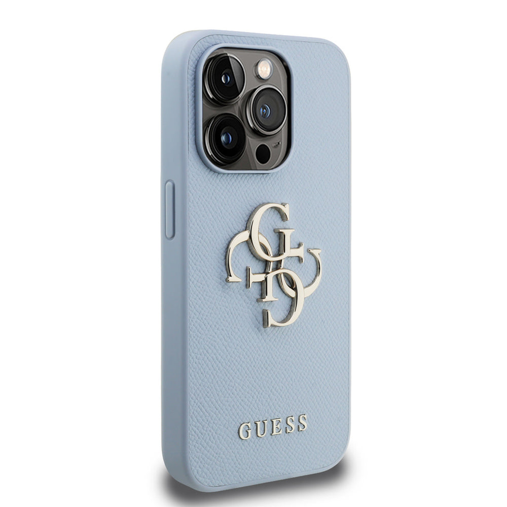 Lichtblauw Guess telefoonhoesje met groot goudkleurig 4G-logo, vanaf de andere zijkant