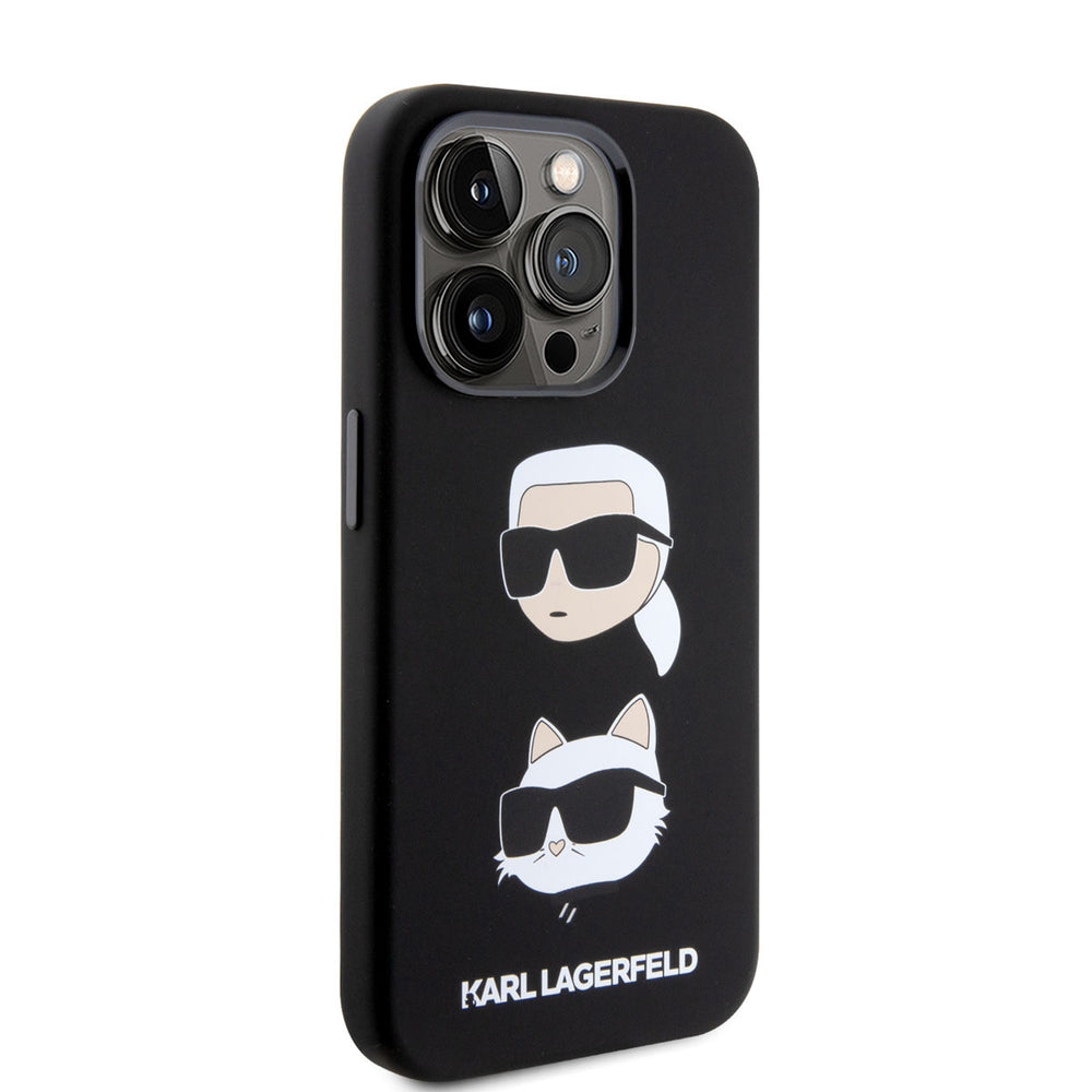Zwart Karl Lagerfeld telefoonhoesje met hoofden van Karl en Choupette, vanaf de andere zijkant
