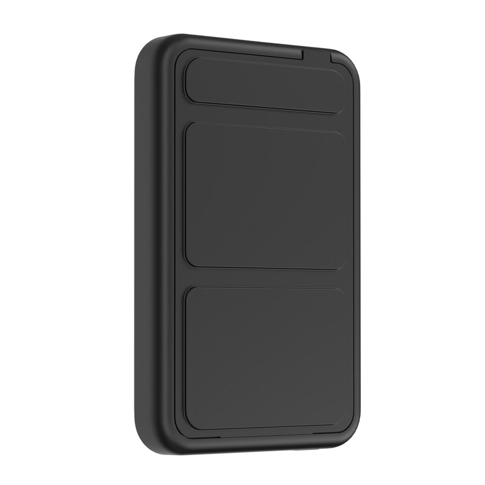 Achterkant van zwarte TUNIQ powerbank met ingeklapte standaard