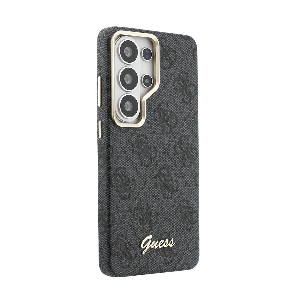 Zwart Guess telefoonhoesje met 4G-patroon en goudkleurig schriftlogo, vanaf de andere zijkant