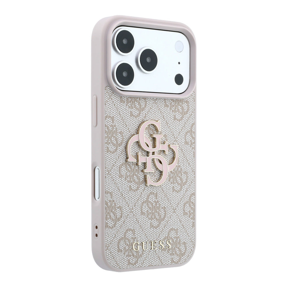 Lichtgekleurd Guess telefoonhoesje met 4G-patroon en groot logo, vanaf de andere zijkant