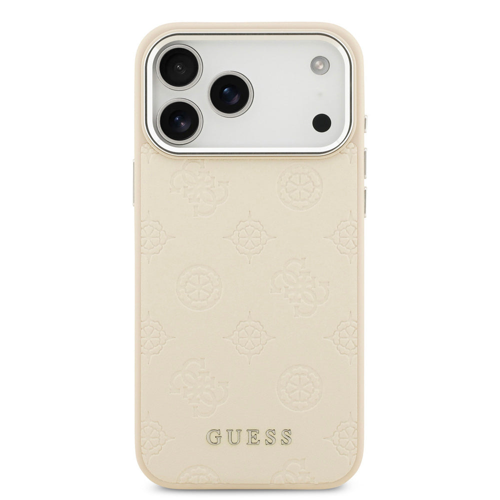 Beige Guess telefoonhoesje met bloemenpatroon en klassiek logo, vanaf de andere zijkant