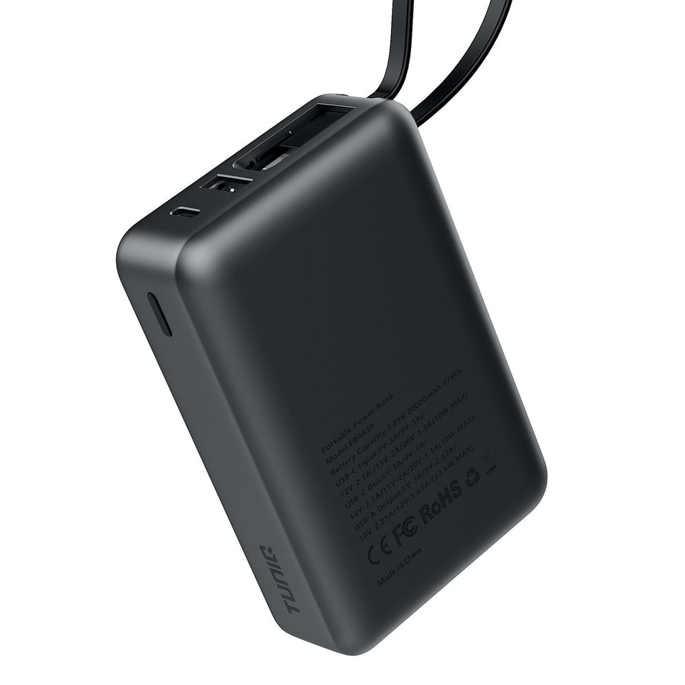 Achterkant van zwarte TUNIQ powerbank met ingebouwde kabel en aansluitingen