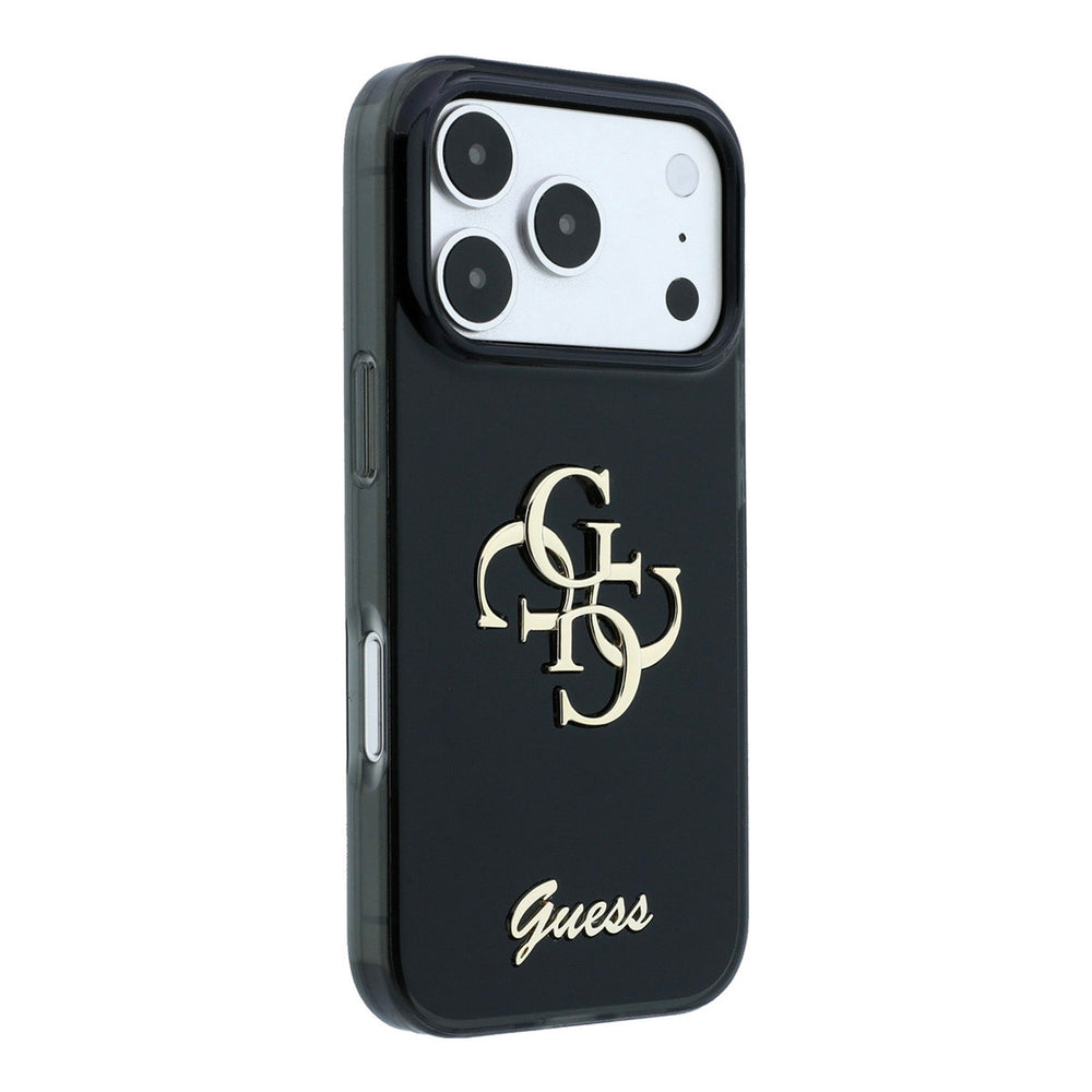 Zwart Guess telefoonhoesje met groot 4G-logo en goudkleurig schriftlogo, vanaf de andere zijkant