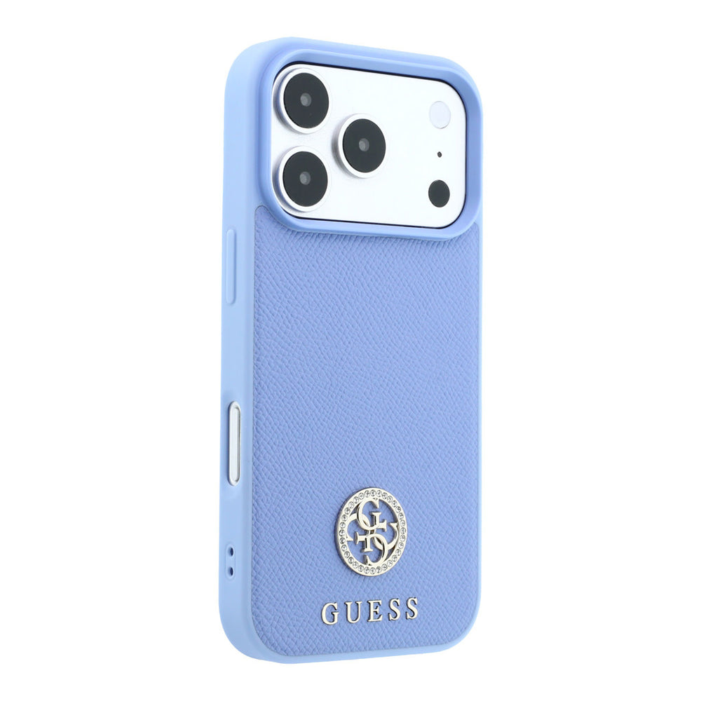 Lichtblauw Guess telefoonhoesje met rond logo, vanaf de andere zijkant