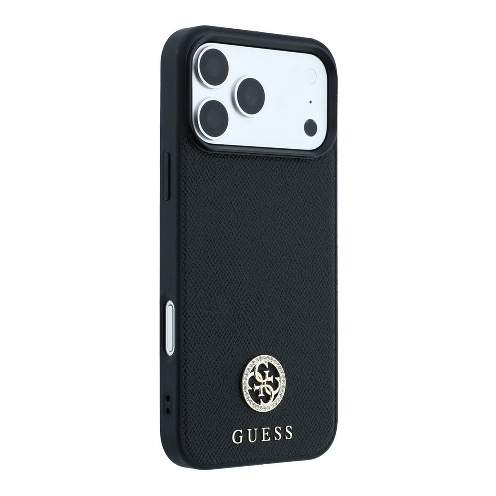 Zwart Guess telefoonhoesje met rond logo, vanaf de andere zijkant
