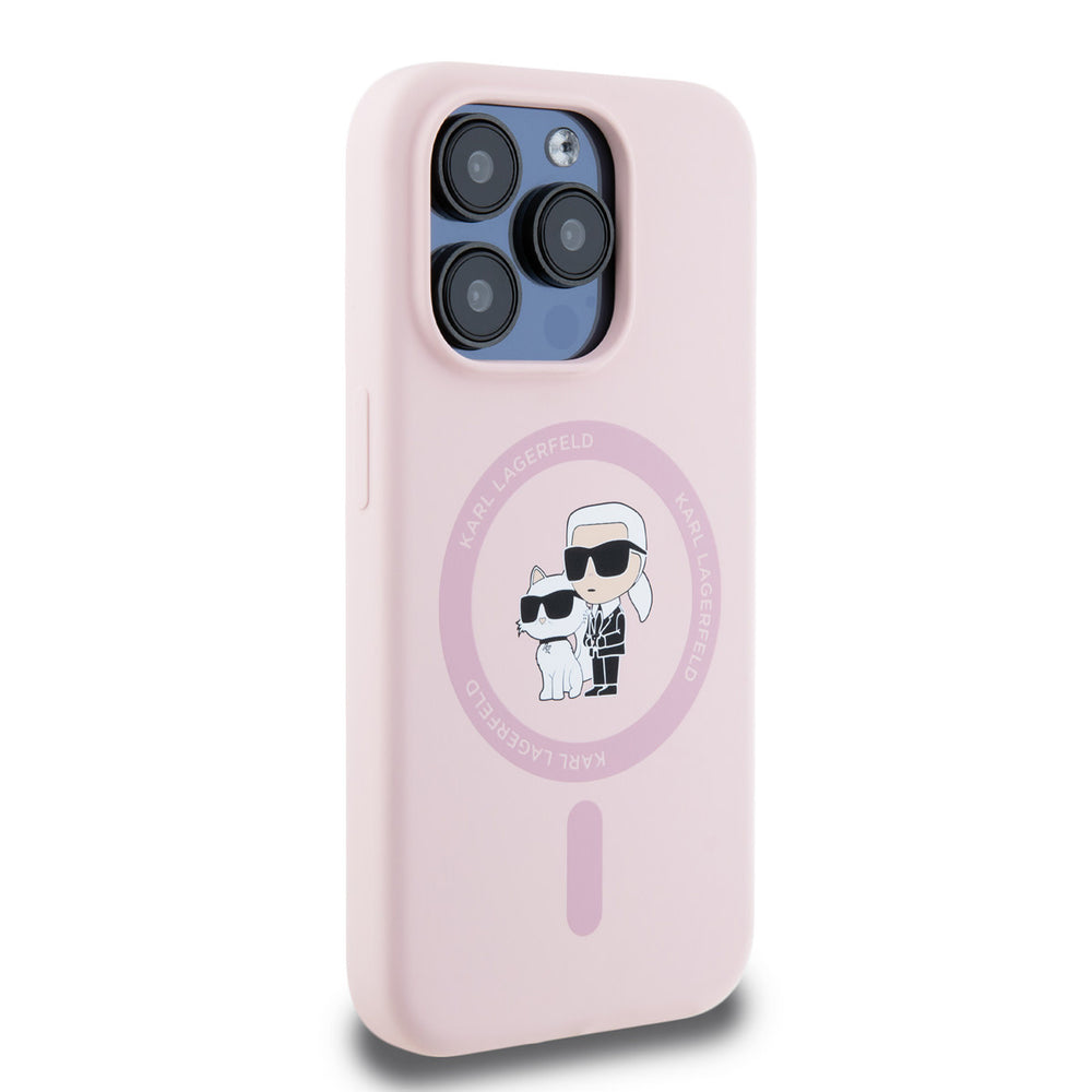 Roze Karl Lagerfeld telefoonhoesje met ring en Karl- en Choupette-figuren, vanaf de andere zijkant
