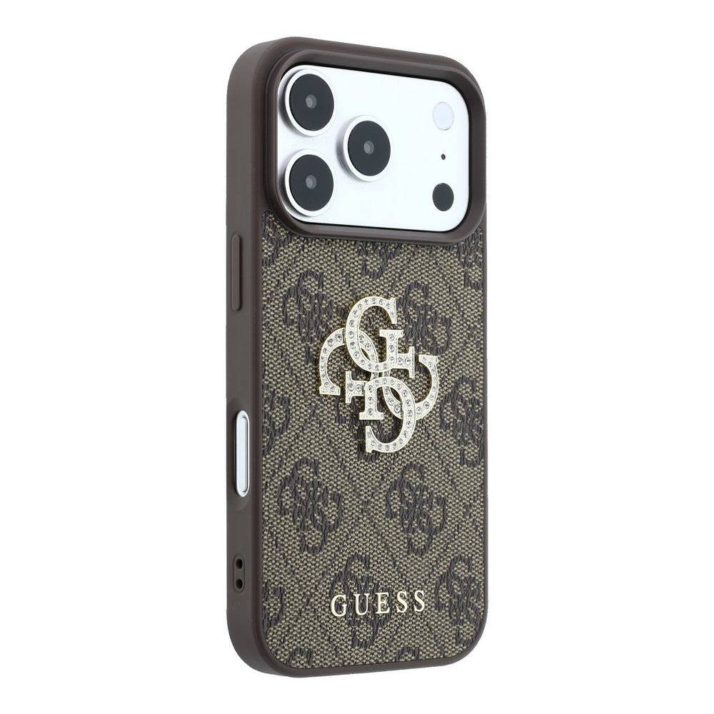 Bruin Guess telefoonhoesje met 4G-patroon en groot strasslogo, vanaf de andere zijkant