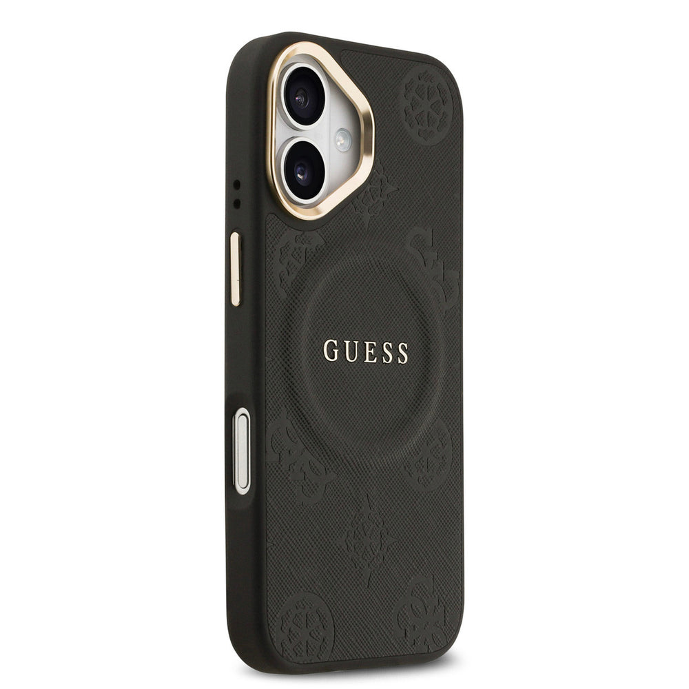 Zwart Guess telefoonhoesje met bloemenpatroon en rond logo, vanaf de andere zijkant