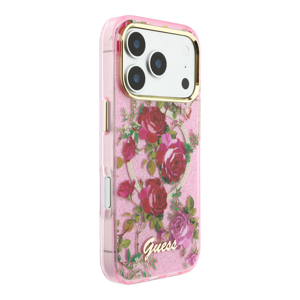 Roze Guess telefoonhoesje met rozenprint, glitters, ring en schriftlogo, vanaf de andere zijkant