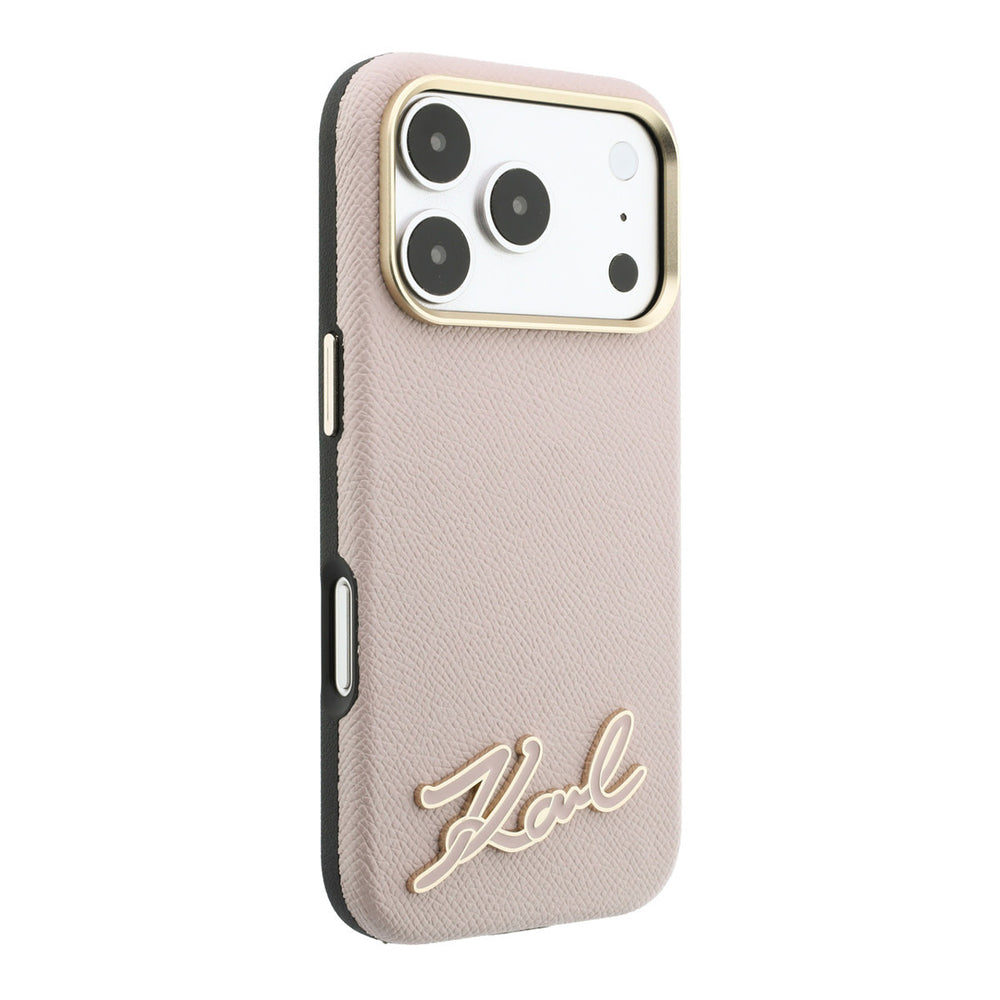 Lichtroze Karl Lagerfeld telefoonhoesje met schriftlogo, vanaf de andere zijkant