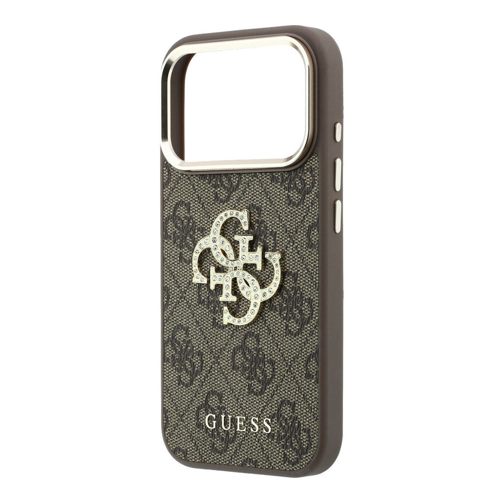 Bruin Guess telefoonhoesje met 4G-patroon en groot strasslogo, schuin van achteren