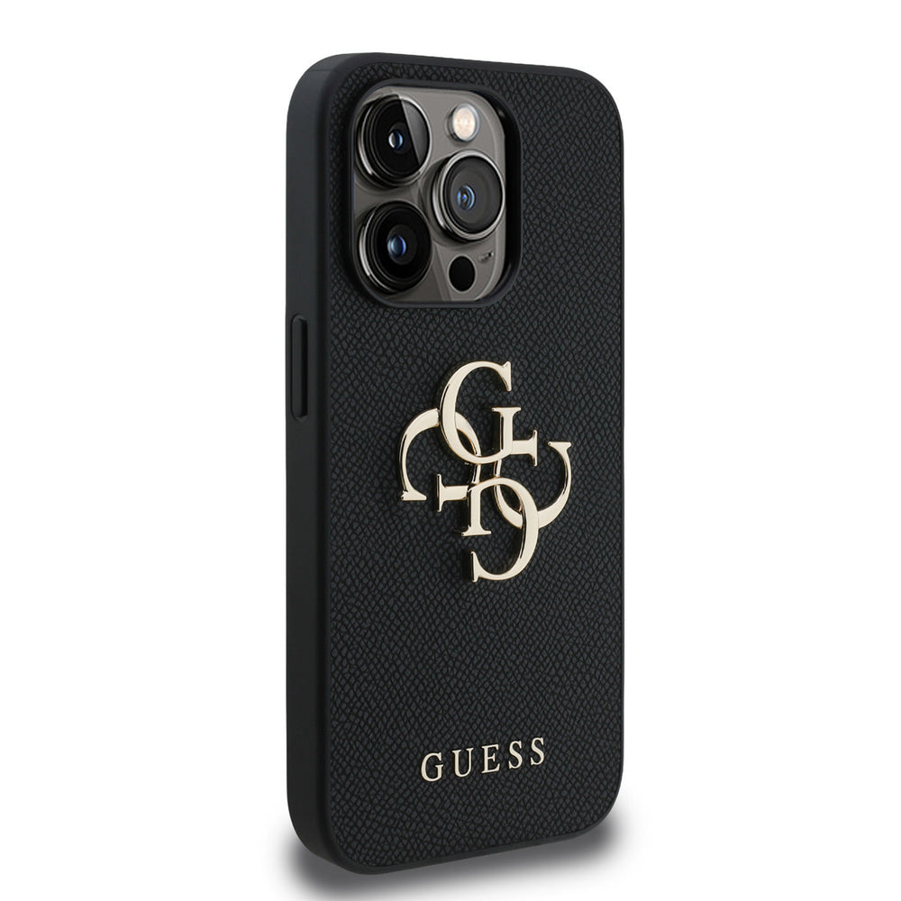 Zwart Guess telefoonhoesje met groot goudkleurig 4G-logo, vanaf de andere zijkant