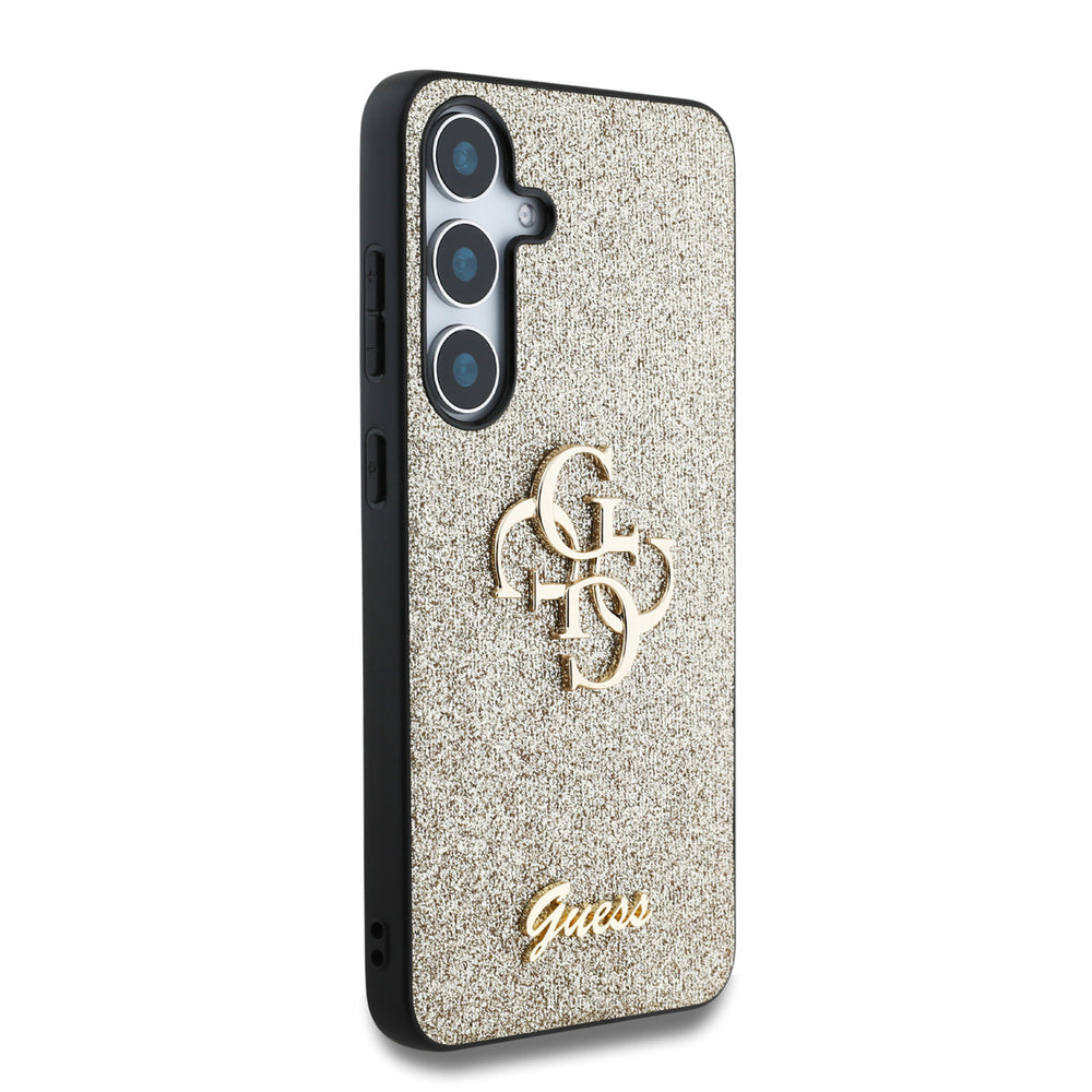 Goudkleurig Guess telefoonhoesje met glitters, 4G-logo en schriftlogo, vanaf de andere zijkant