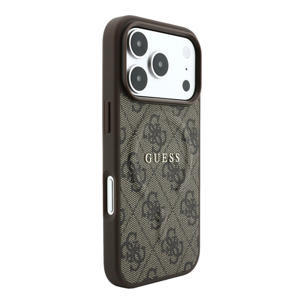 Bruin Guess telefoonhoesje met 4G-patroon en schriftlogo, vanaf de andere zijkant