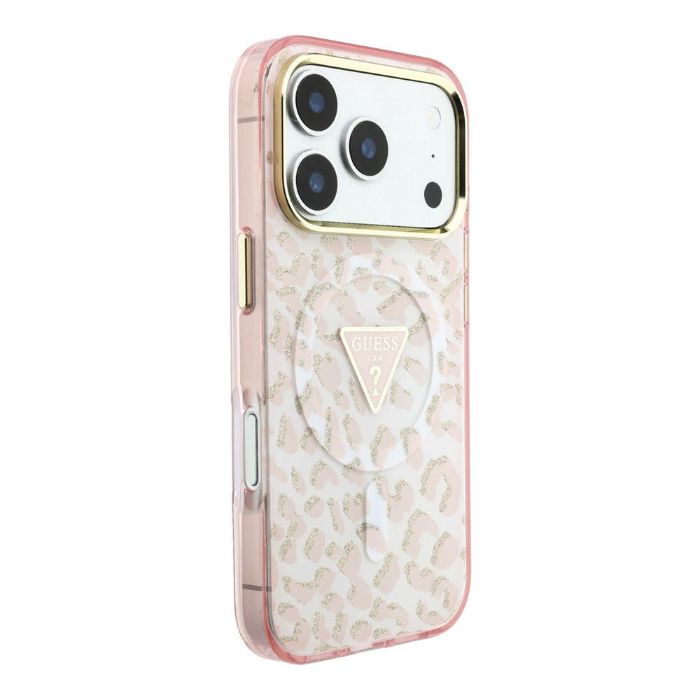 Guess telefoonhoesje met roze luipaardprint en driehoekslogo, vanaf de andere zijkant