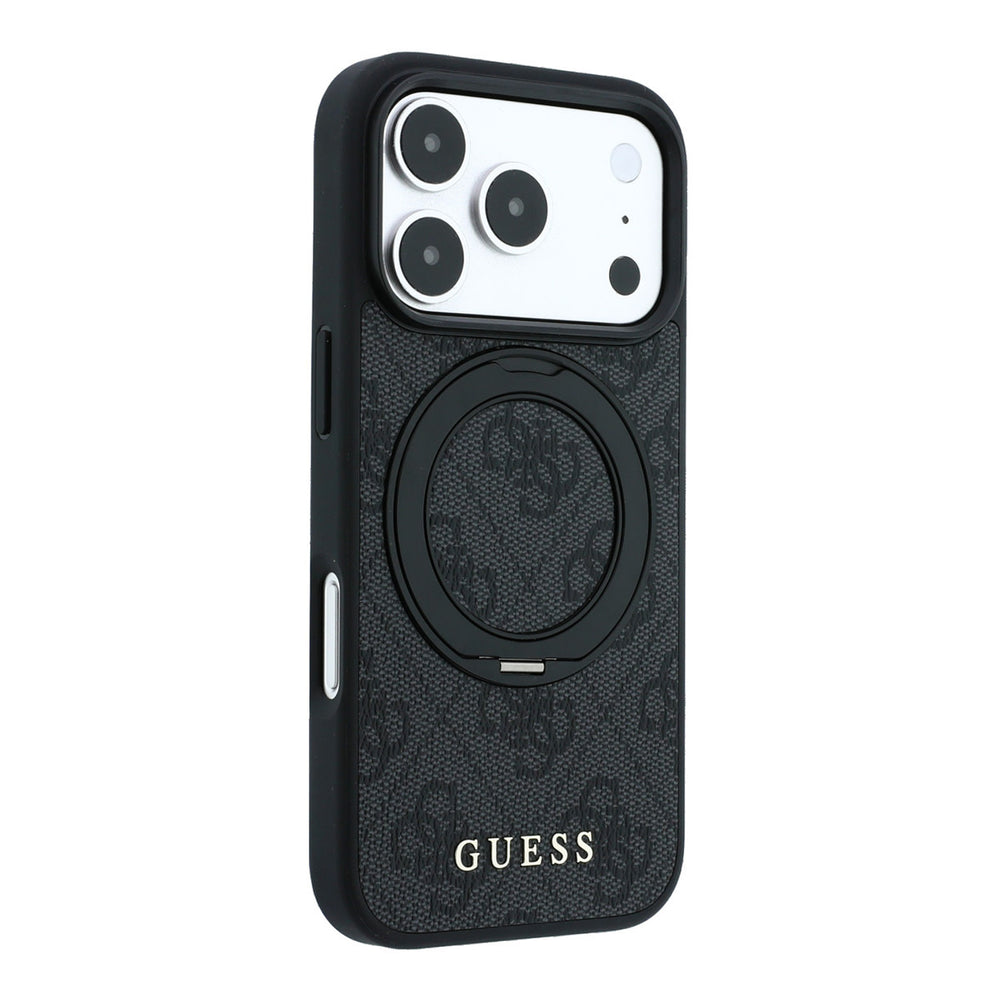 Zwart Guess telefoonhoesje met 4G-patroon met ingeklapte ringstandaard, schuin van achteren