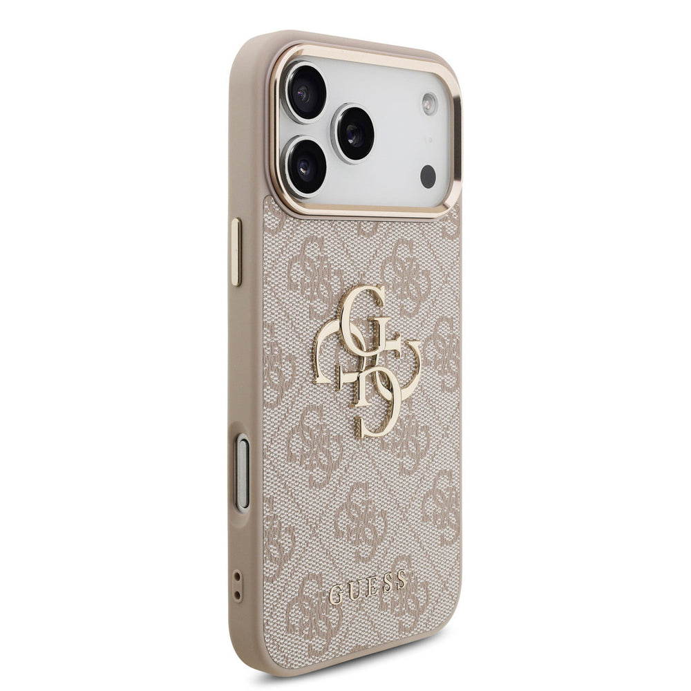 Lichtgekleurd Guess telefoonhoesje met 4G-patroon en groot goudkleurig logo, vanaf de andere zijkant