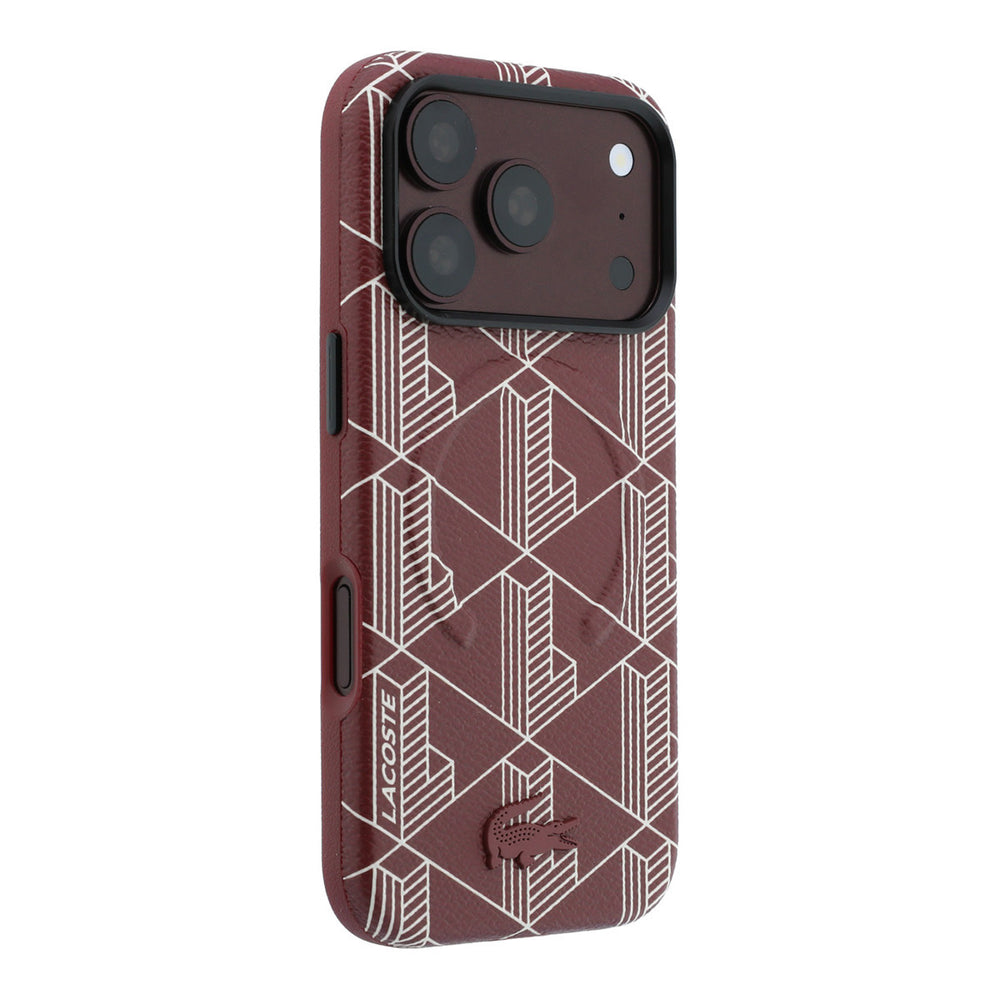 Bordeauxrood Lacoste telefoonhoesje met geometrisch patroon, vanaf de andere zijkant