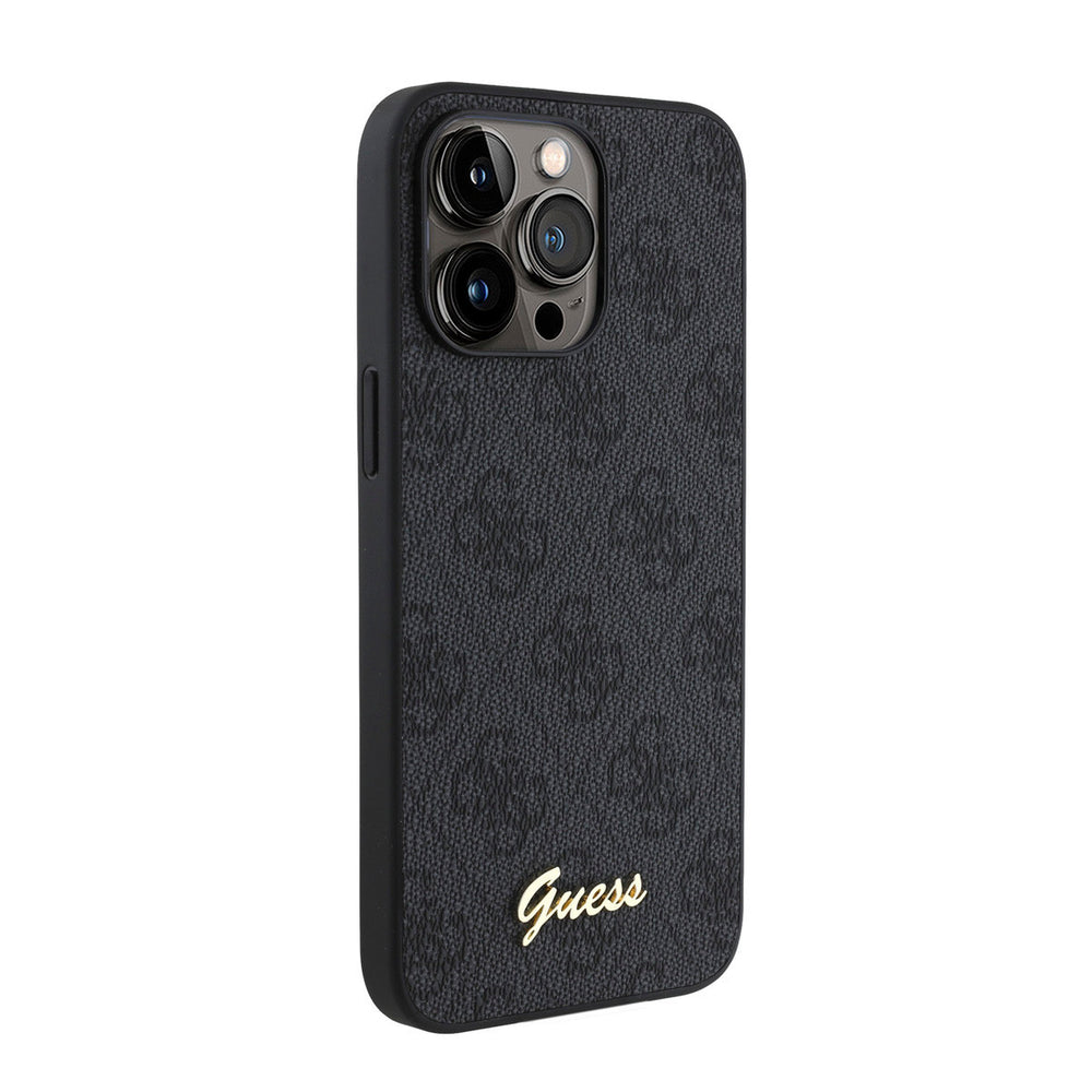 Zwart Guess telefoonhoesje met 4G-patroon en goudkleurig schriftlogo, vanaf de andere zijkant