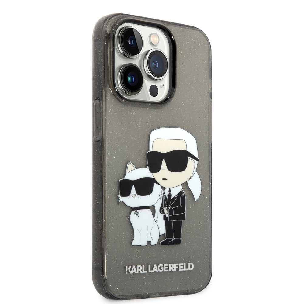 Karl Lagerfeld telefoonhoesje met glitters en figuren van Karl en Choupette, vanaf de andere zijkant