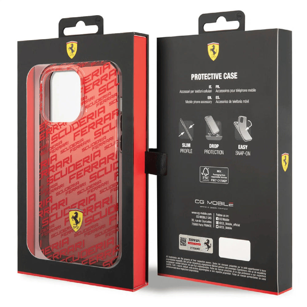 Voor- en achterkant van verpakking van rood Ferrari telefoonhoesje
