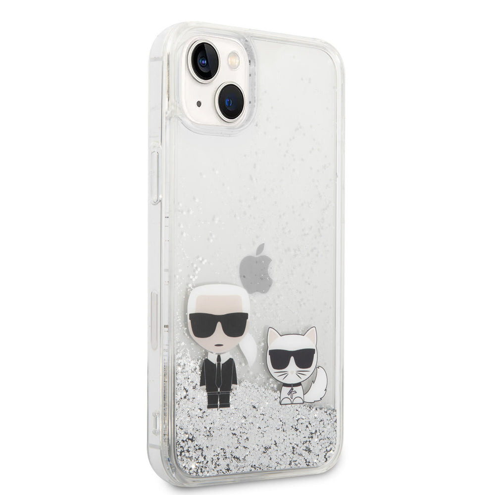 Transparant Karl Lagerfeld telefoonhoesje met zilverkleurige glitters, Karl en Choupette, vanaf de andere zijkant