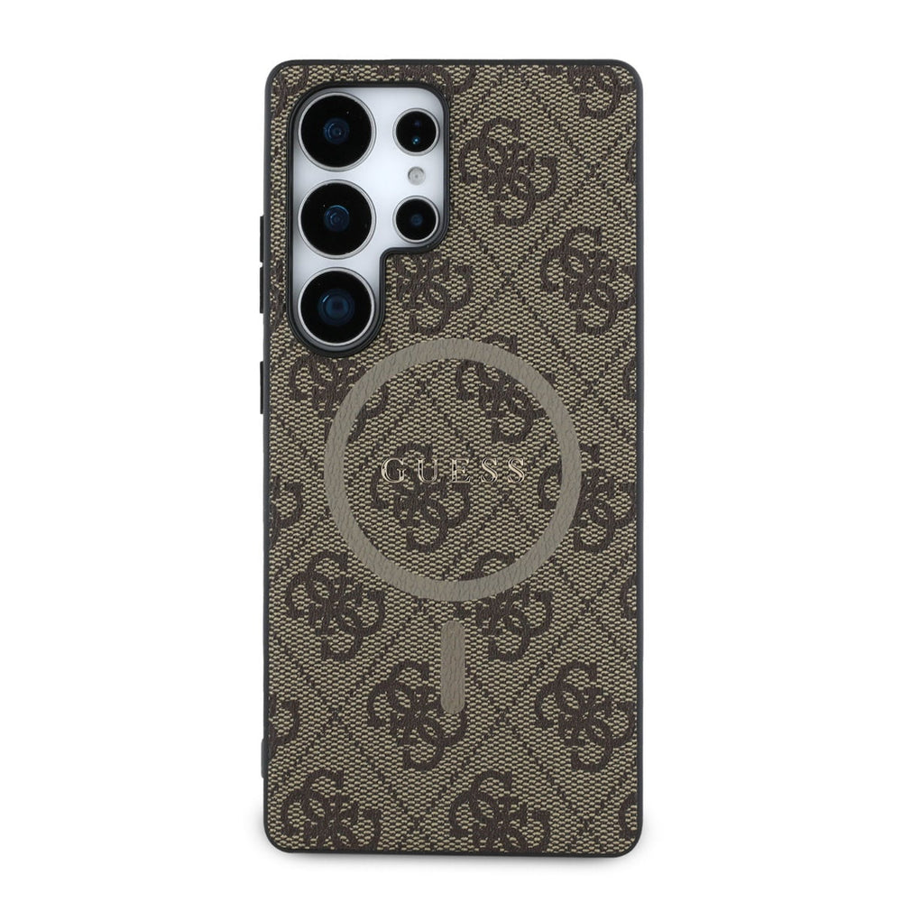 Bruin Guess telefoonhoesje met 4G-patroon en rond logo, vanaf de andere zijkant
