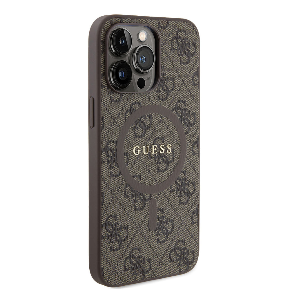 Bruin Guess telefoonhoesje met 4G-patroon en rond logo, vanaf de andere zijkant