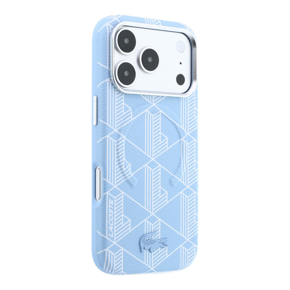 Lichtblauw Lacoste telefoonhoesje met geometrisch patroon, vanaf de andere zijkant