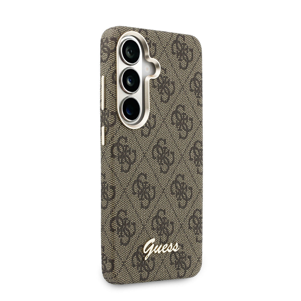 Bruin Guess telefoonhoesje met 4G-patroon en goudkleurig schriftlogo, vanaf de andere zijkant