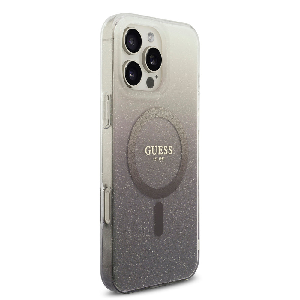 Guess telefoonhoesje met grijs-zwart kleurverloop, glitters en ring, vanaf de andere zijkant