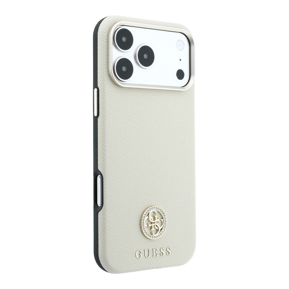 Beige Guess telefoonhoesje met rond strasslogo, vanaf de andere zijkant