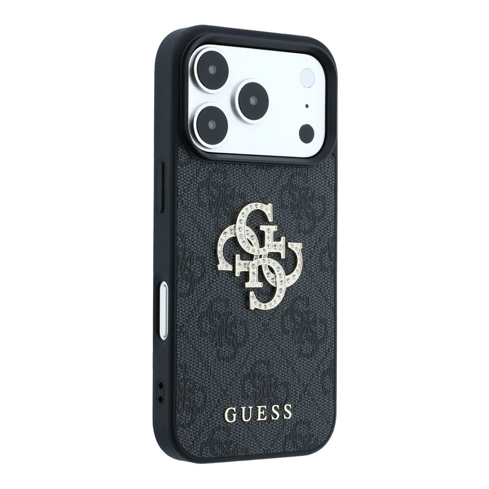 Zwart Guess telefoonhoesje met 4G-patroon en groot strasslogo, vanaf de andere zijkant