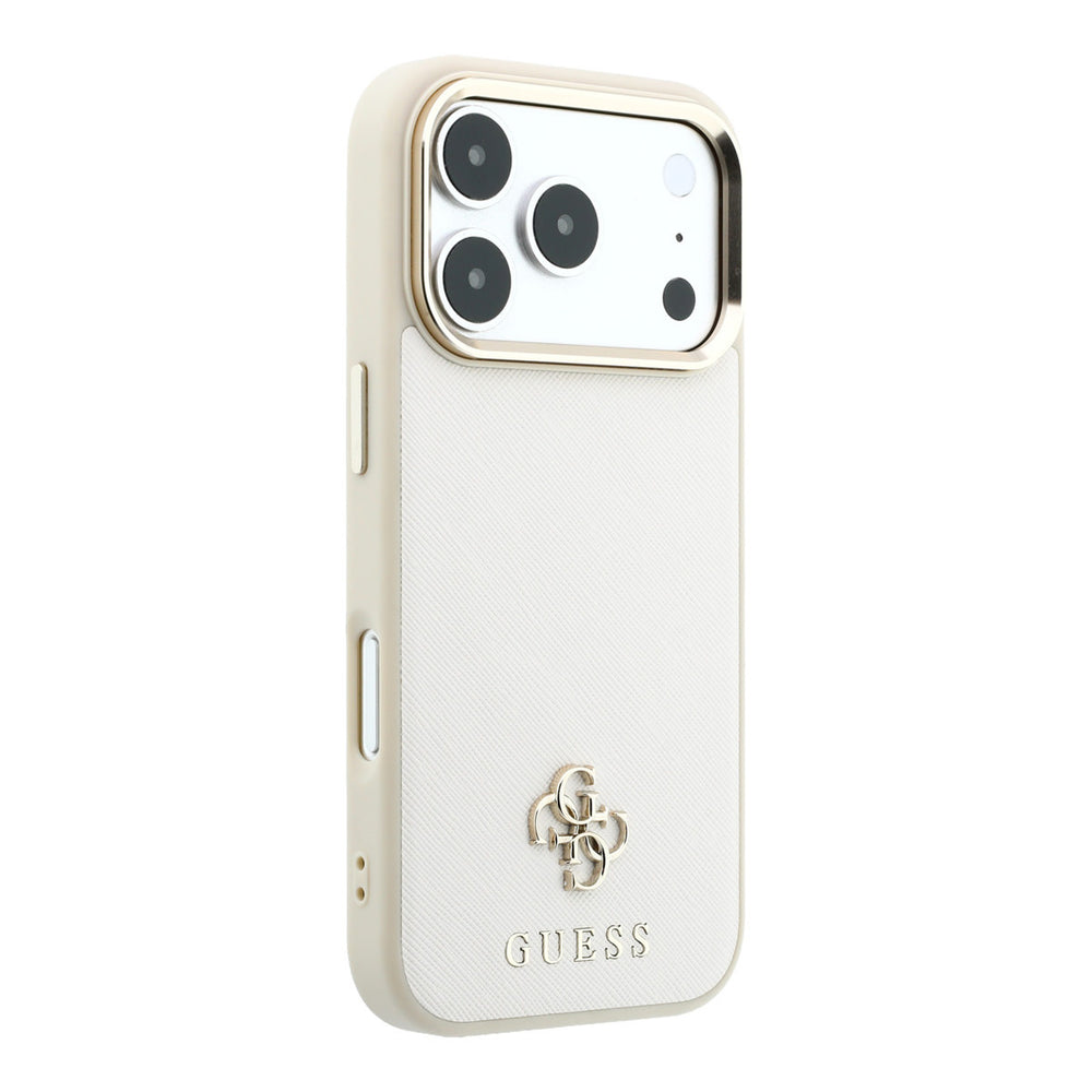 Beige Guess telefoonhoesje met klein 4G-logo en klassiek logo, vanaf de andere zijkant