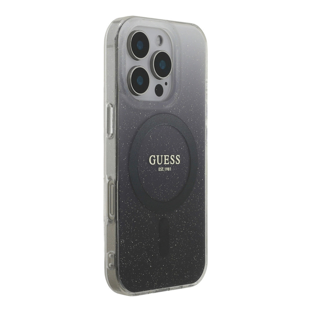 Guess telefoonhoesje met grijs-zwart kleurverloop, glitters en ring, vanaf de andere zijkant