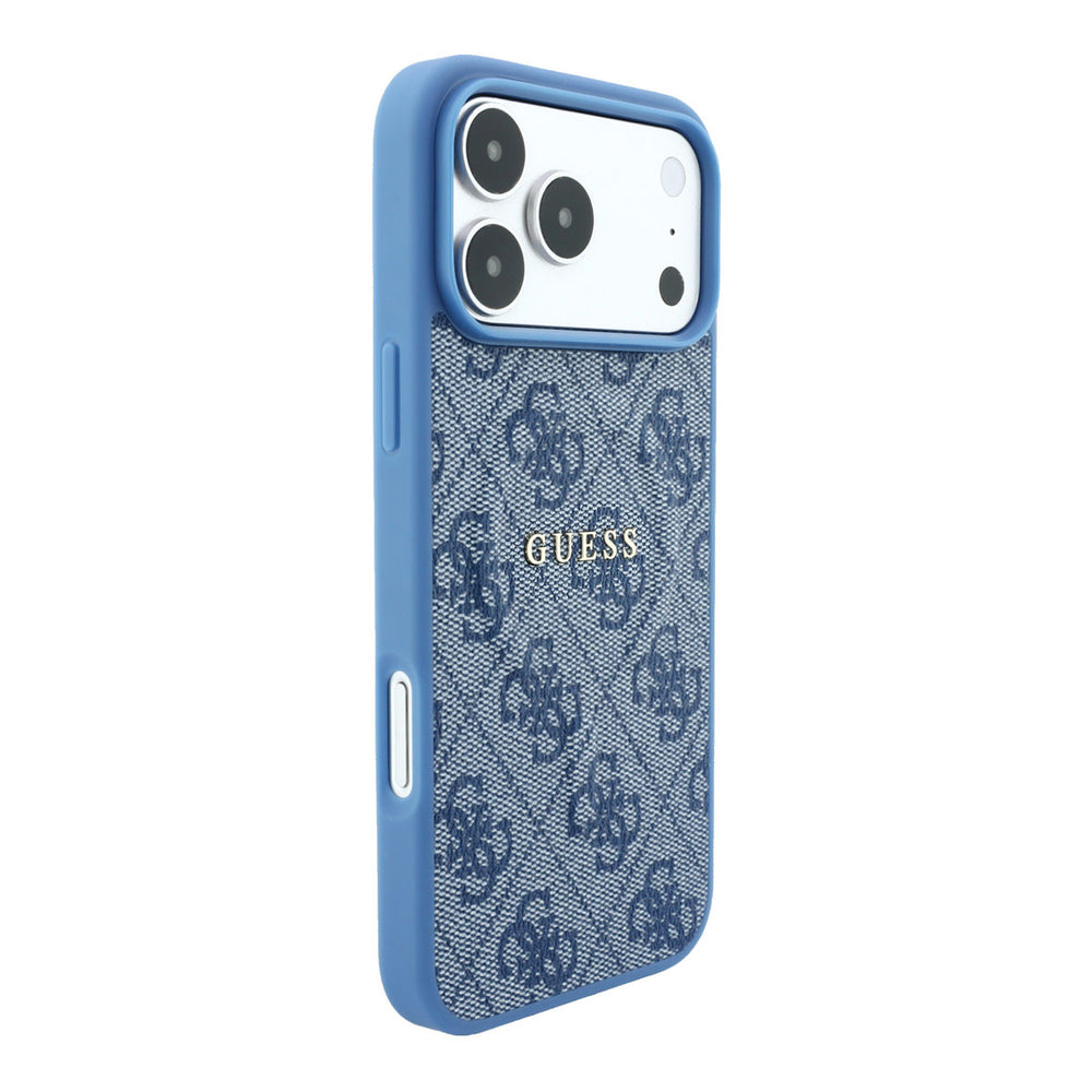 Blauw Guess telefoonhoesje met 4G-patroon en schriftlogo, vanaf de andere zijkant