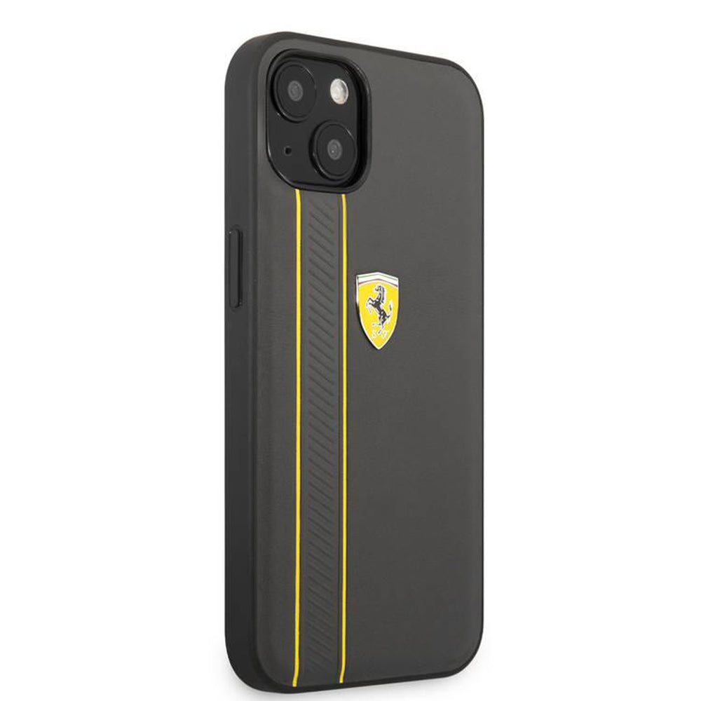 Zwart Ferrari telefoonhoesje met gele verticale strepen en schildlogo, vanaf de andere zijkant