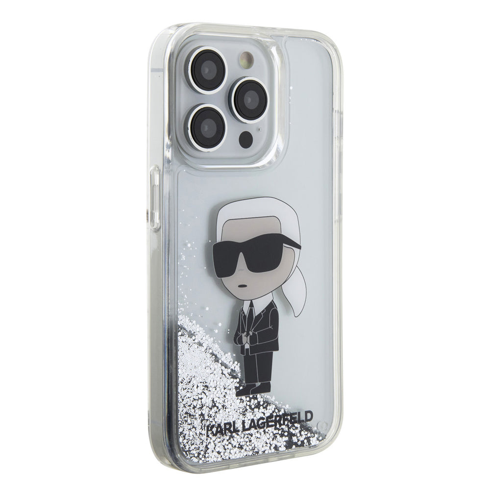 Transparant Karl Lagerfeld telefoonhoesje met zilverkleurige glitters en Karl-figuur, vanaf de andere zijkant