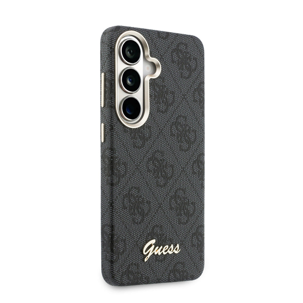 Zwart Guess telefoonhoesje met 4G-patroon en goudkleurig schriftlogo, vanaf de andere zijkant