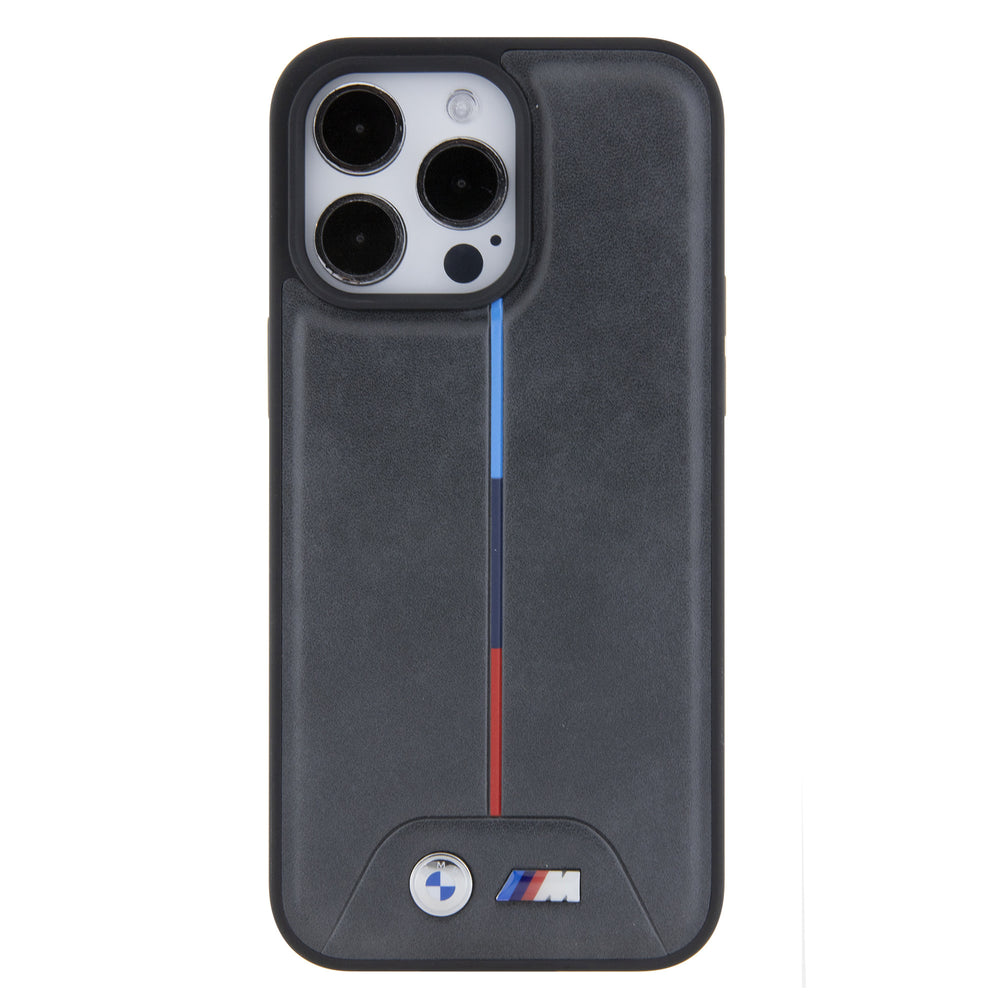 Zwart BMW M telefoonhoesje met rode en blauwe verticale accenten, vanaf de andere zijkant