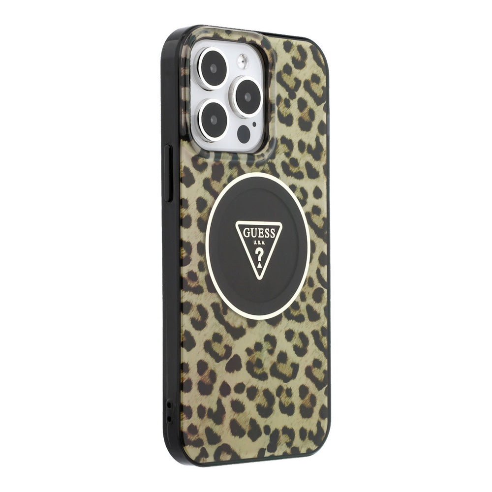 Bruin Guess telefoonhoesje met luipaardprint en driehoekslogo, vanaf de andere zijkant