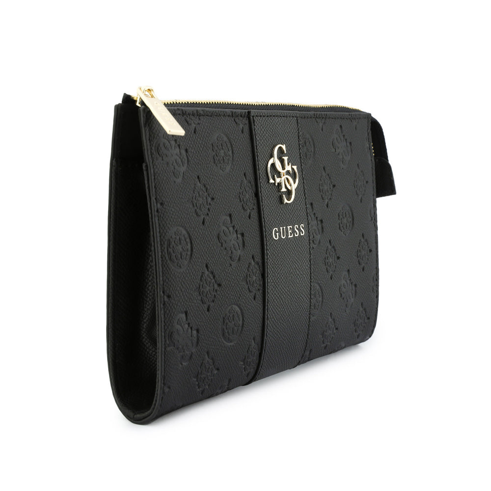 Zwarte Guess telefoontas met verticale patroonbanen en 4G-logo schuin van opzij