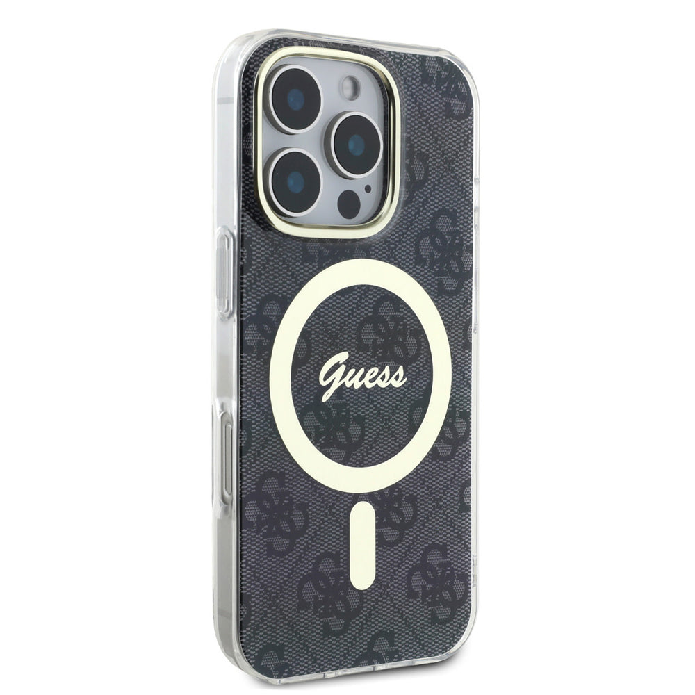Zwart Guess telefoonhoesje met 4G-patroon en lichtgekleurde ring, vanaf de andere zijkant