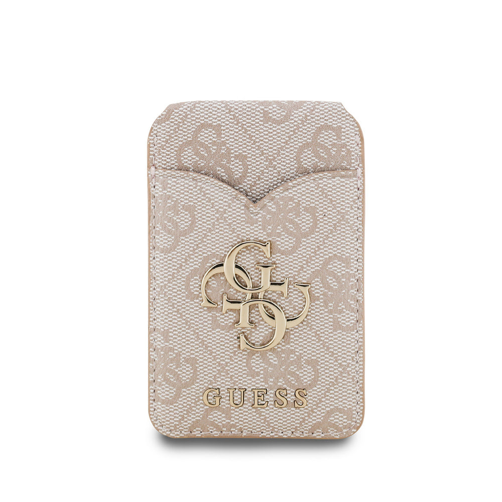 Voorkant van roze Guess pasjeshouder met 4G-patroon en goudkleurig logo