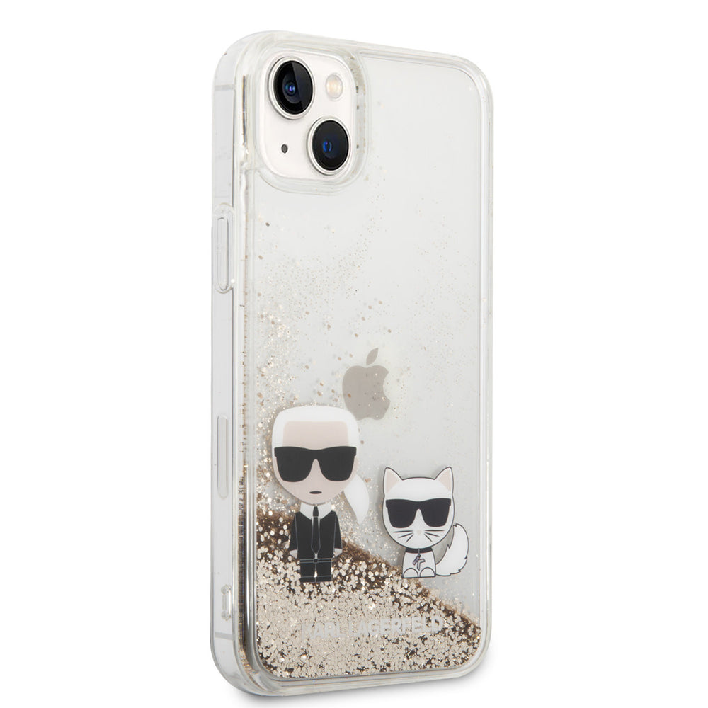 Transparant Karl Lagerfeld telefoonhoesje met goudkleurige glitters, Karl en Choupette, vanaf de andere zijkant